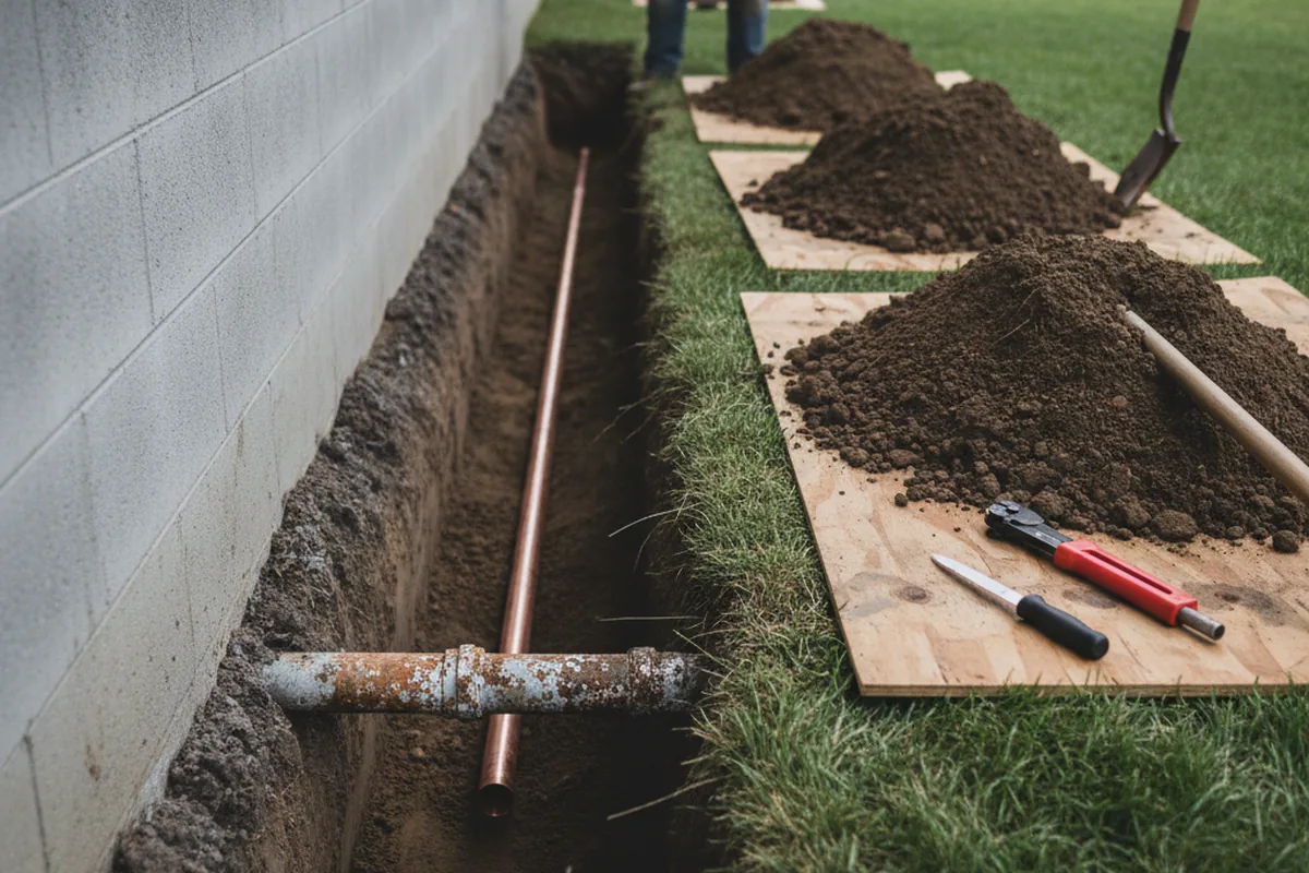 Excavated water line trench during Sewer Line Repair in Saranac